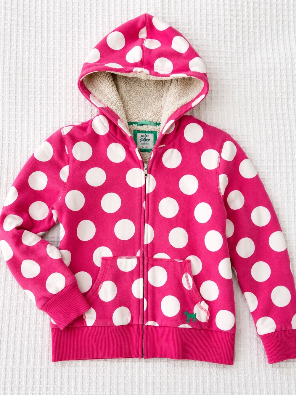 Mini Boden Girls 9-10Y Pink Polka Dot Sherpa Lined Zip Hoodie Jacket